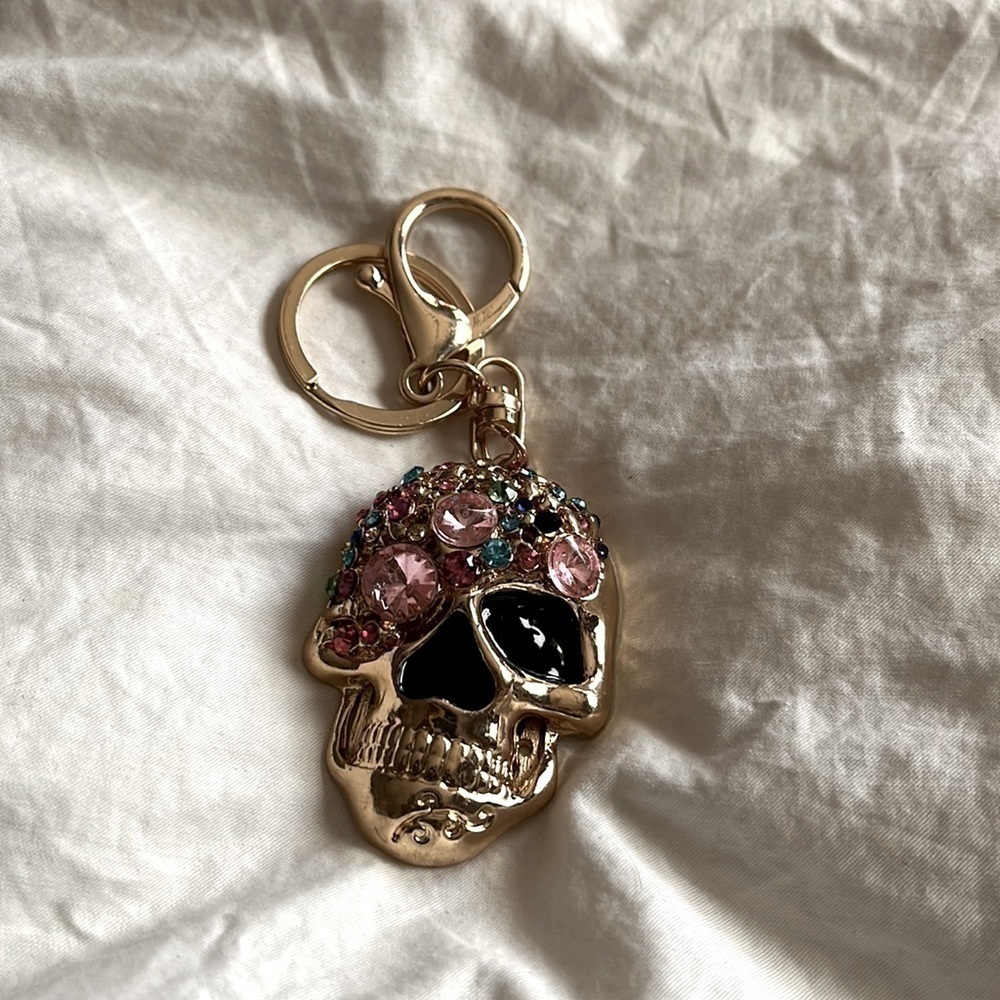 Multicolored Crystal & Gold Skull Keychain Charm